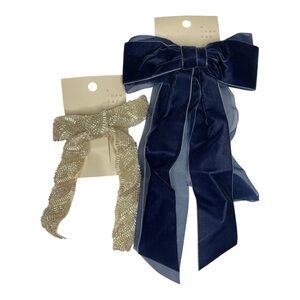 A New Day Hair Bow Clip Set Navy Velvet Ivory Beaded Ribbon NWT